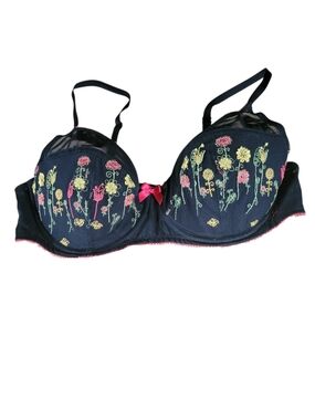 Adore Me Black Bra with Pink Bow and Yellow-Pink Floral Embroidery